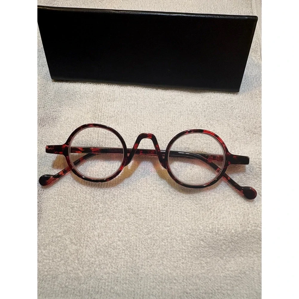 Vintage Style Round Tortoise Shell Glasses Red Black Circular Frames with Case